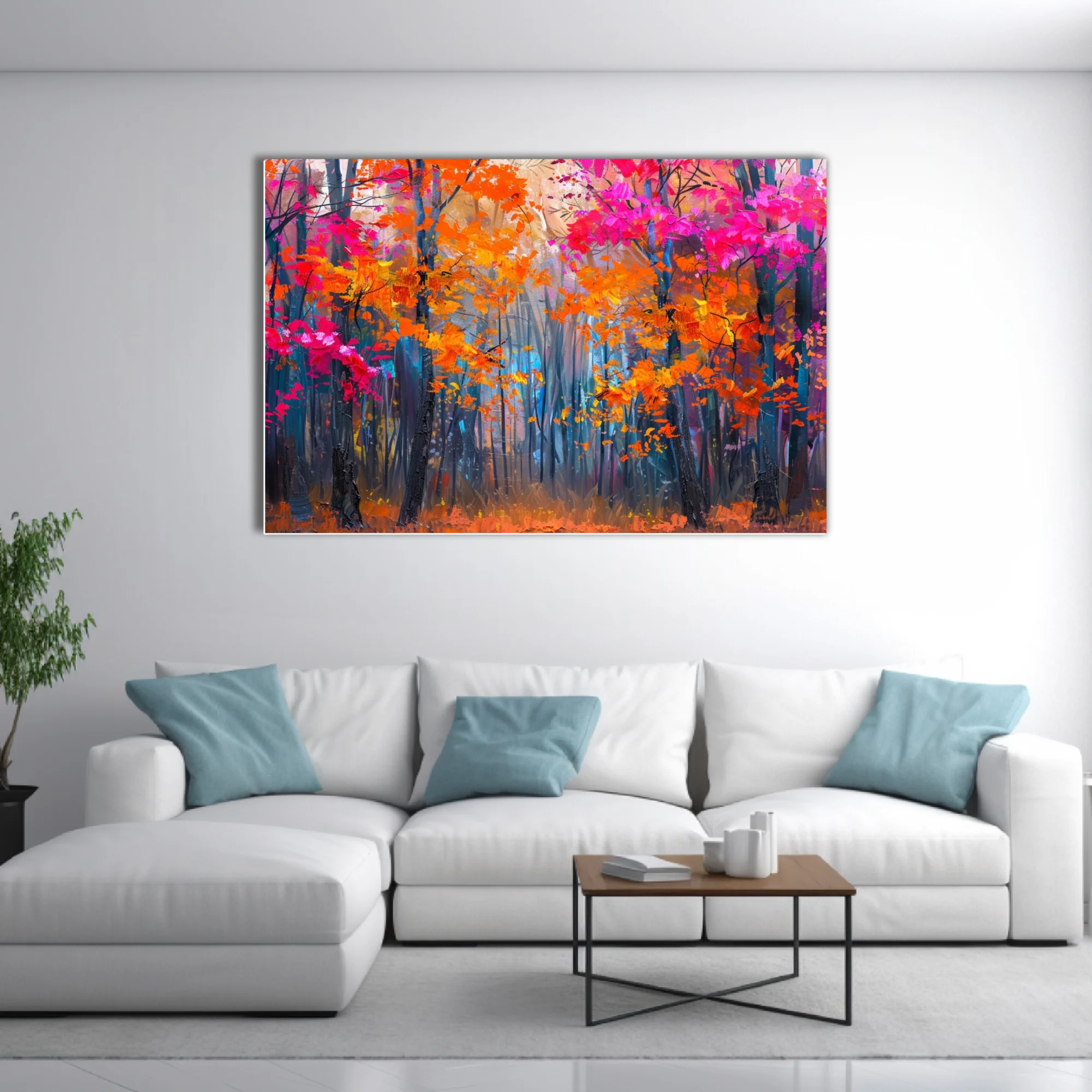 Vibrant autumn forest in magenta and orange foliage with dark trunks, bold woodland art