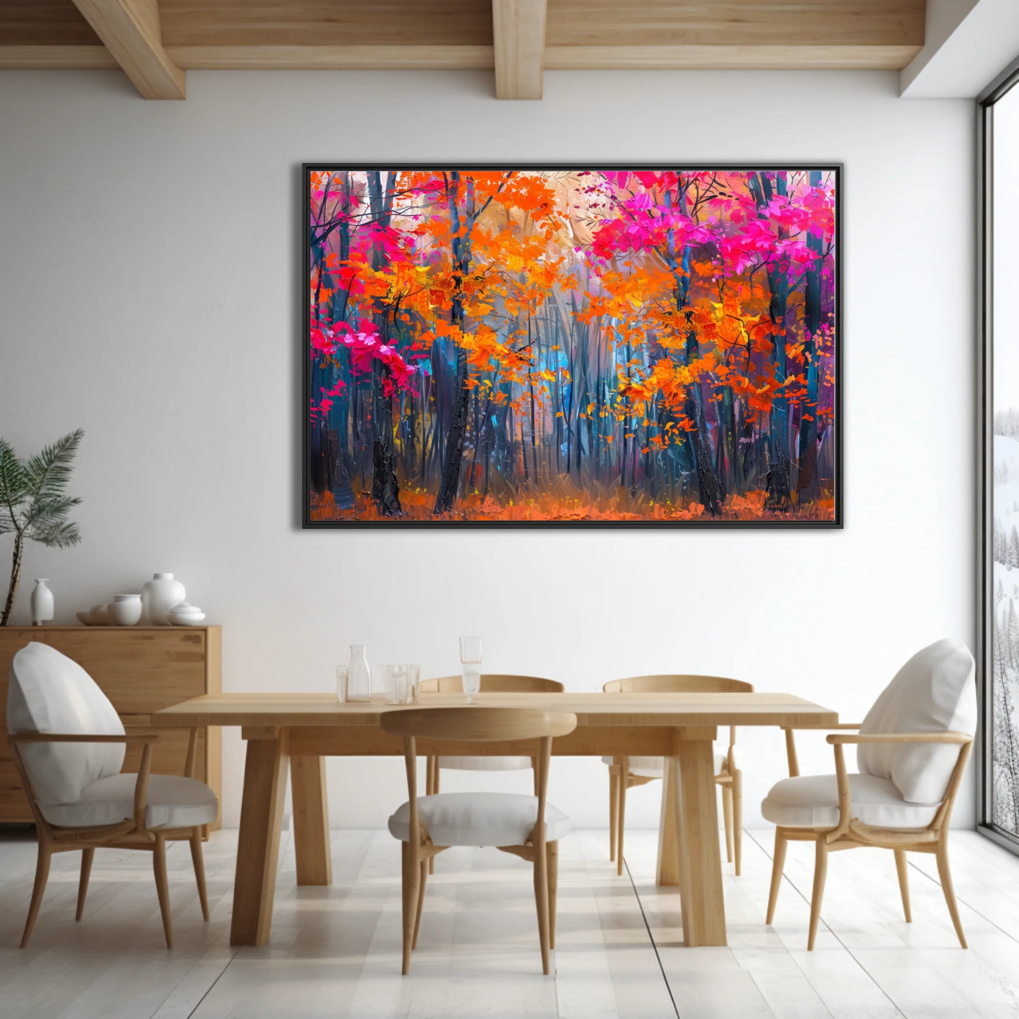Vibrant autumn forest in magenta and orange foliage with dark trunks, bold woodland art