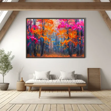 Vibrant autumn forest in magenta and orange foliage with dark trunks, bold woodland art