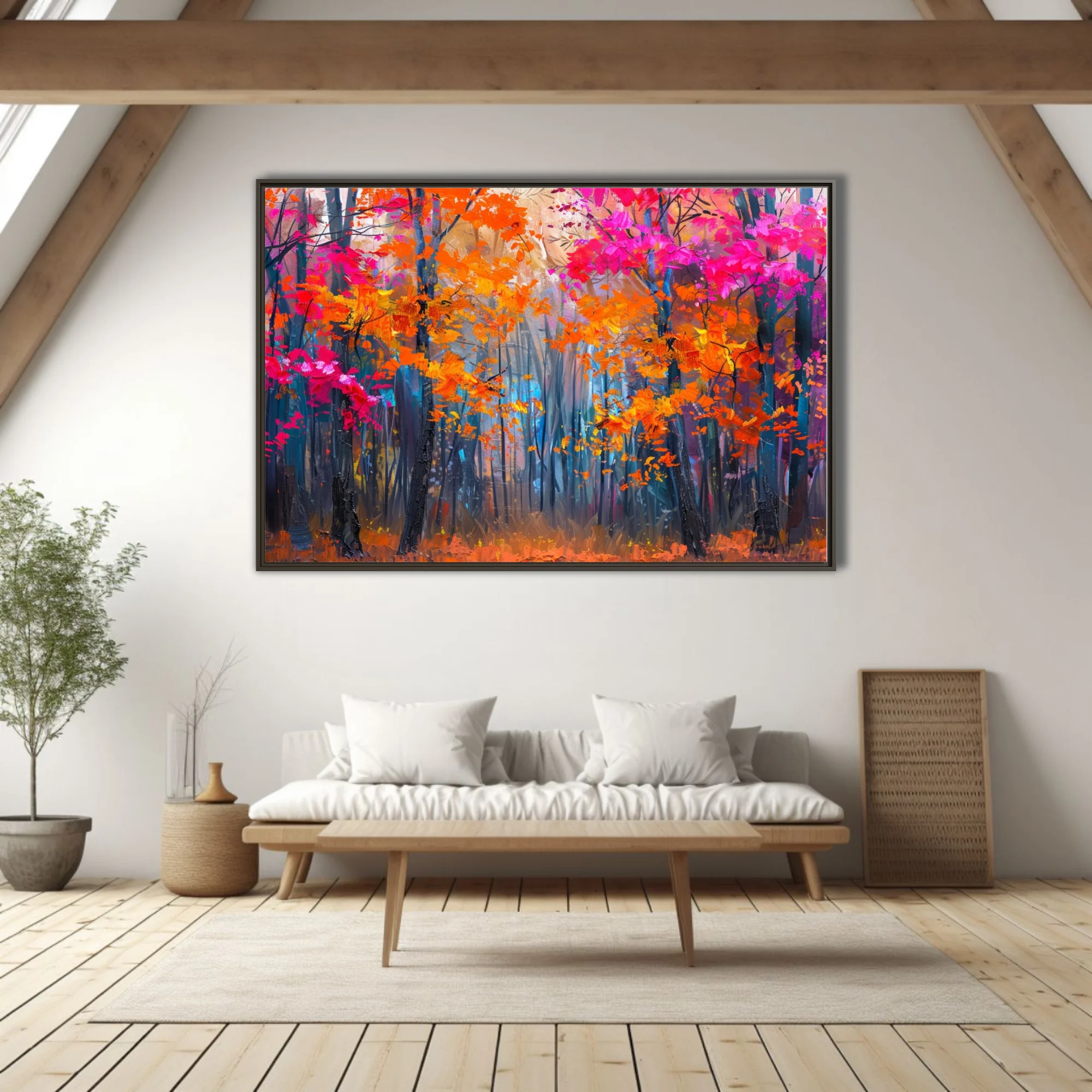 Vibrant autumn forest in magenta and orange foliage with dark trunks, bold woodland art