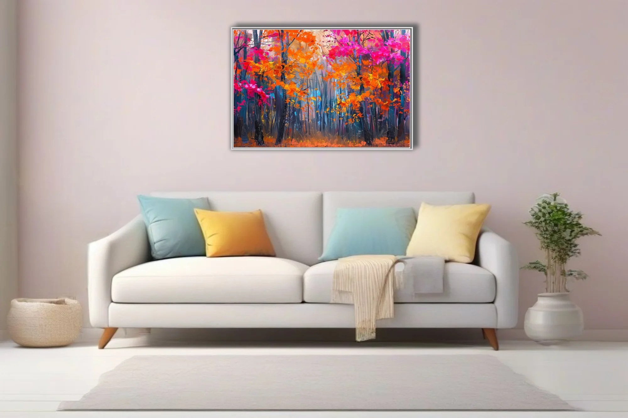 Vibrant autumn forest in magenta and orange foliage with dark trunks, bold woodland art