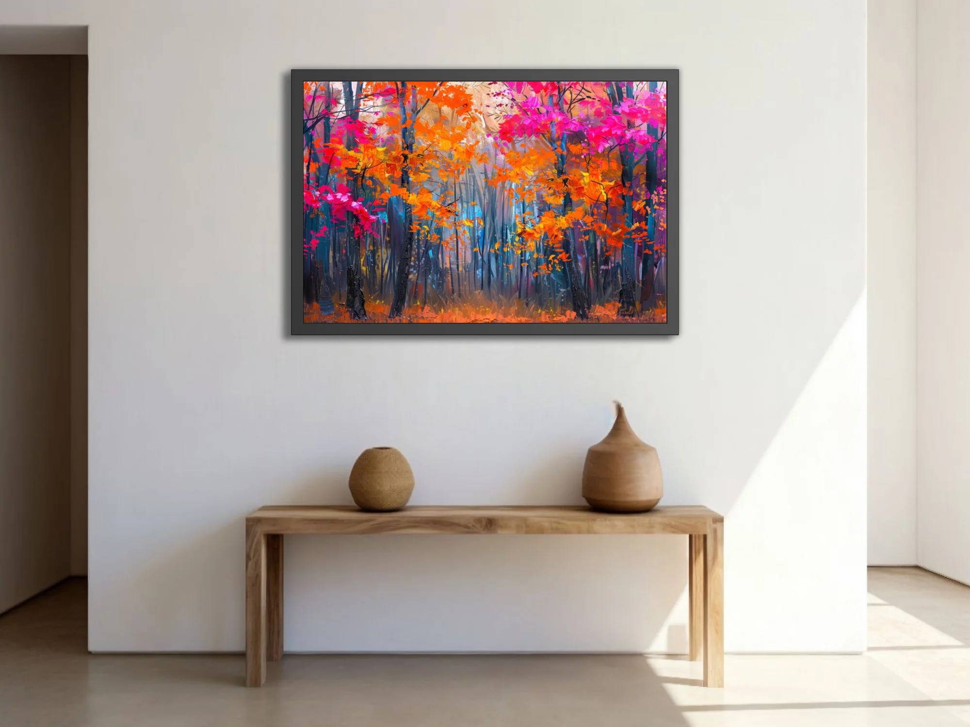 Vibrant autumn forest in magenta and orange foliage with dark trunks, bold woodland art