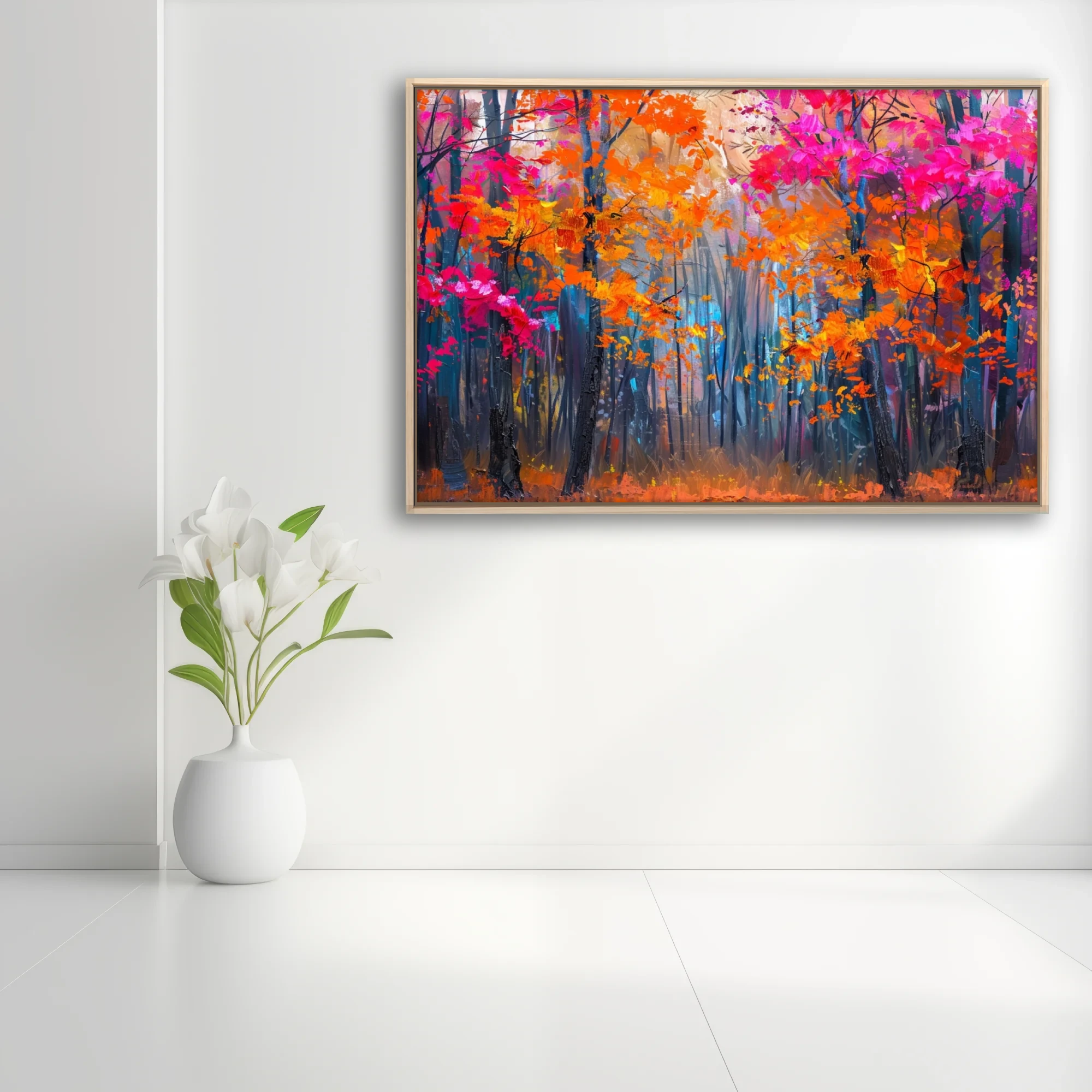 Vibrant autumn forest in magenta and orange foliage with dark trunks, bold woodland art