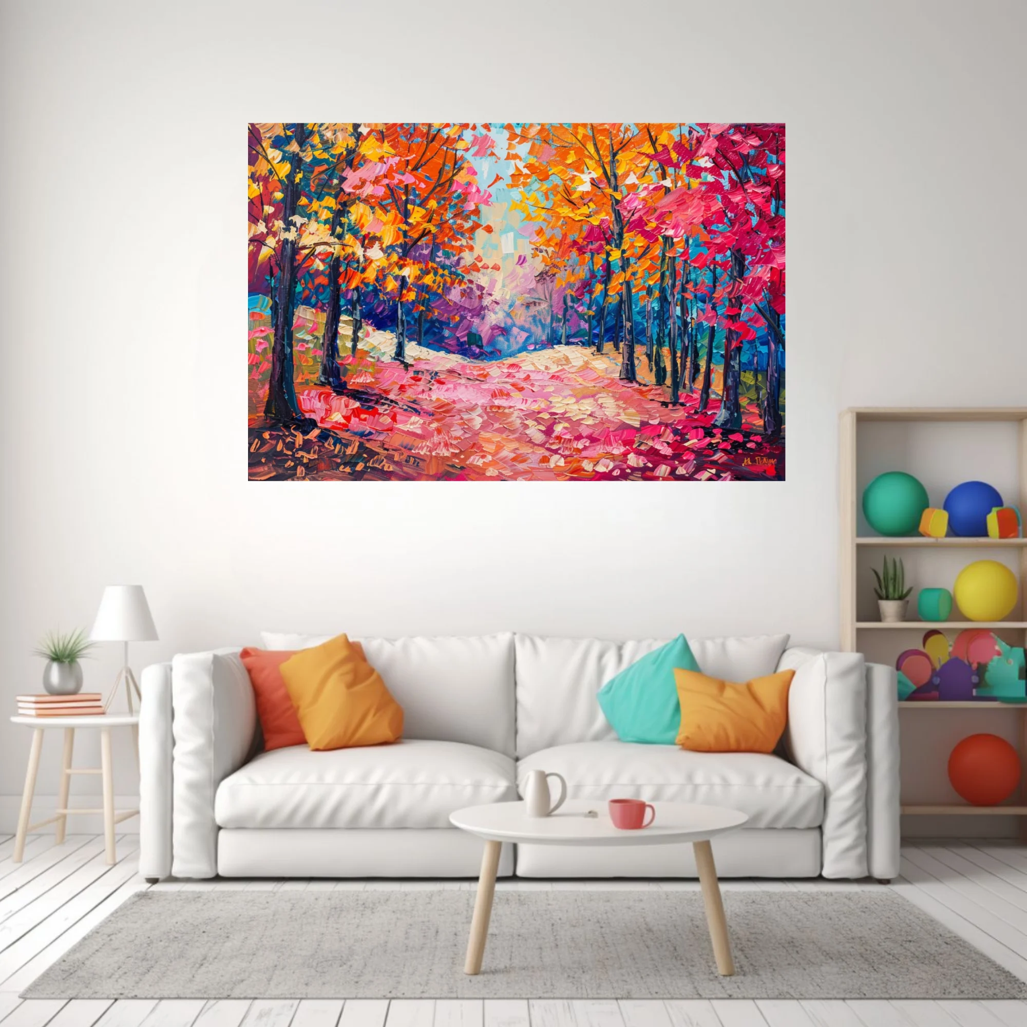 Vibrant autumn forest path in pink, orange and gold with thick strokes