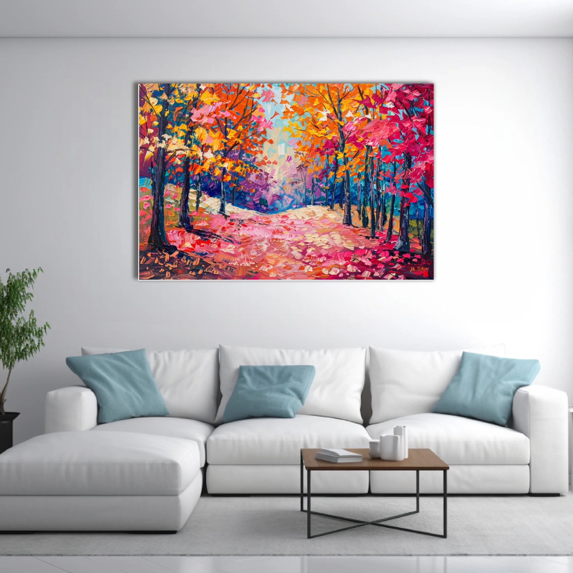 Vibrant autumn forest path in pink, orange and gold with thick strokes