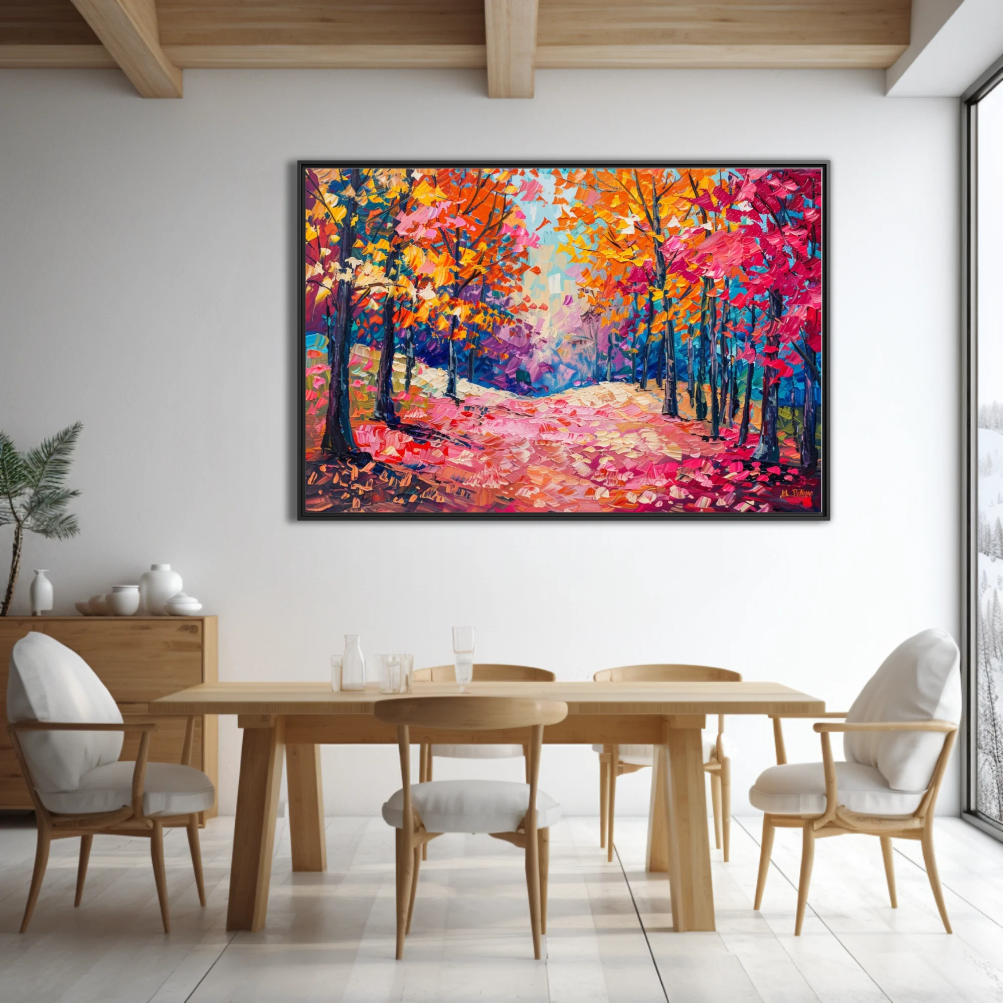 Vibrant autumn forest path in pink, orange and gold with thick strokes