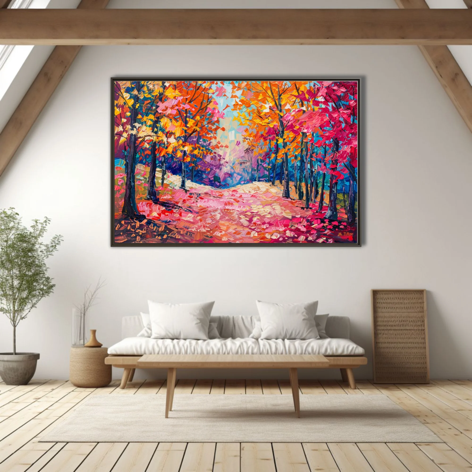 Vibrant autumn forest path in pink, orange and gold with thick strokes
