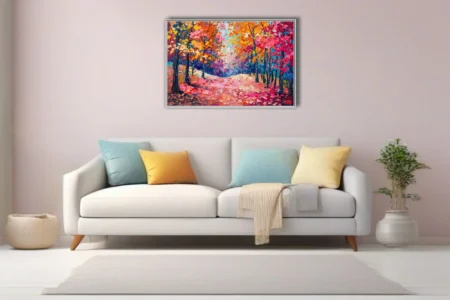 Vibrant autumn forest path in pink, orange and gold with thick strokes