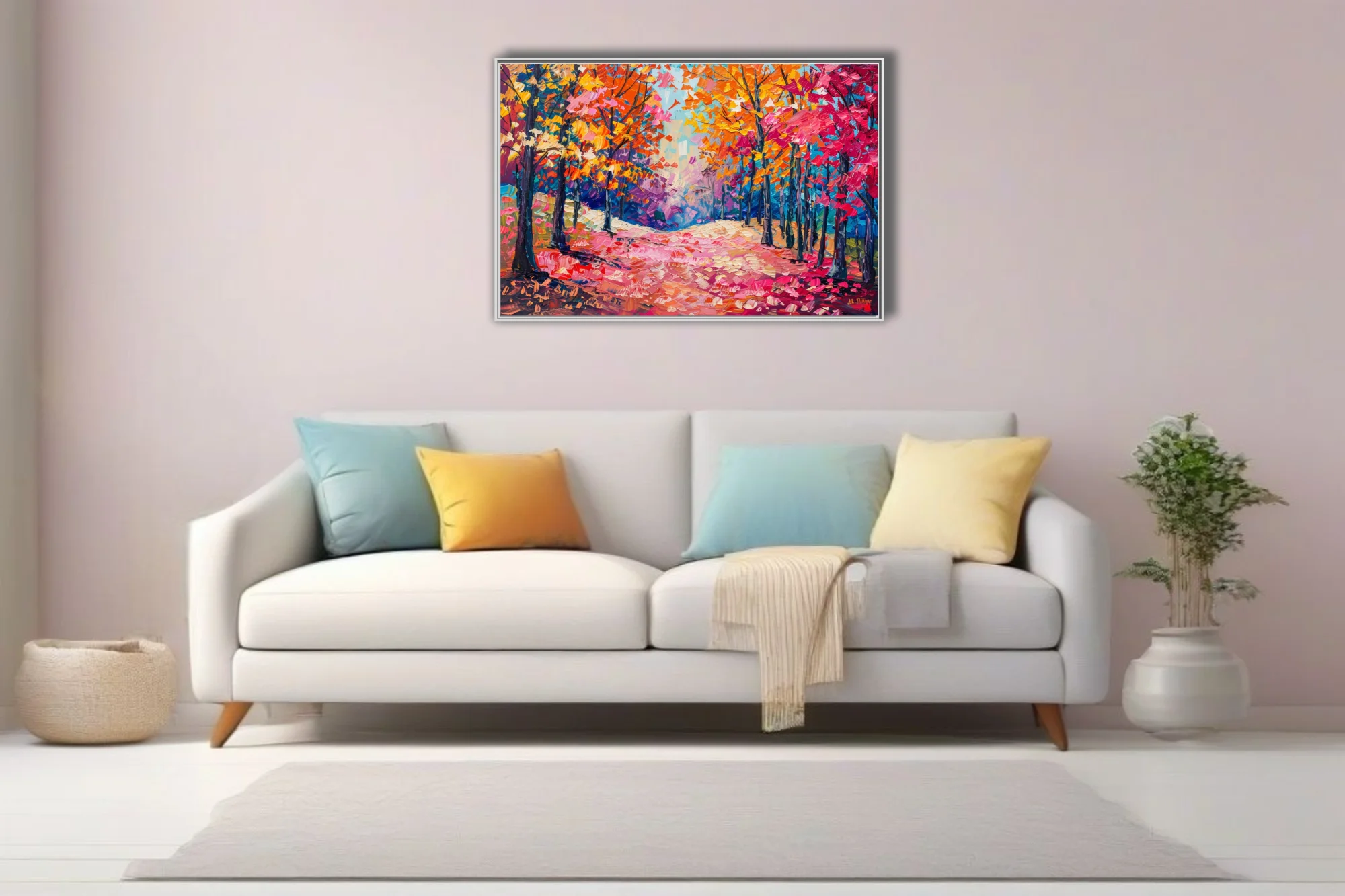 Vibrant autumn forest path in pink, orange and gold with thick strokes