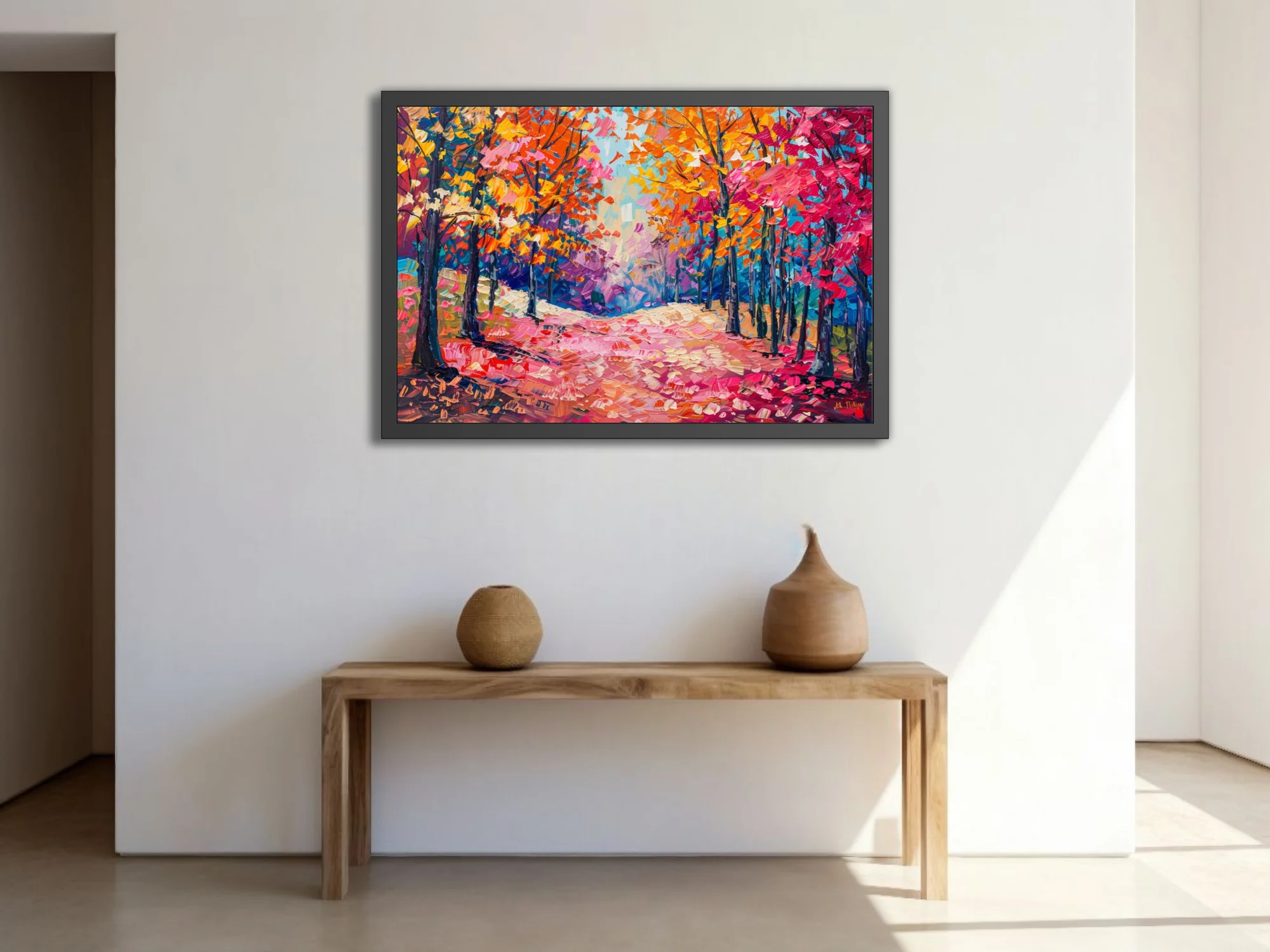 Vibrant autumn forest path in pink, orange and gold with thick strokes