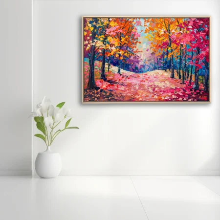 Vibrant autumn forest path in pink, orange and gold with thick strokes