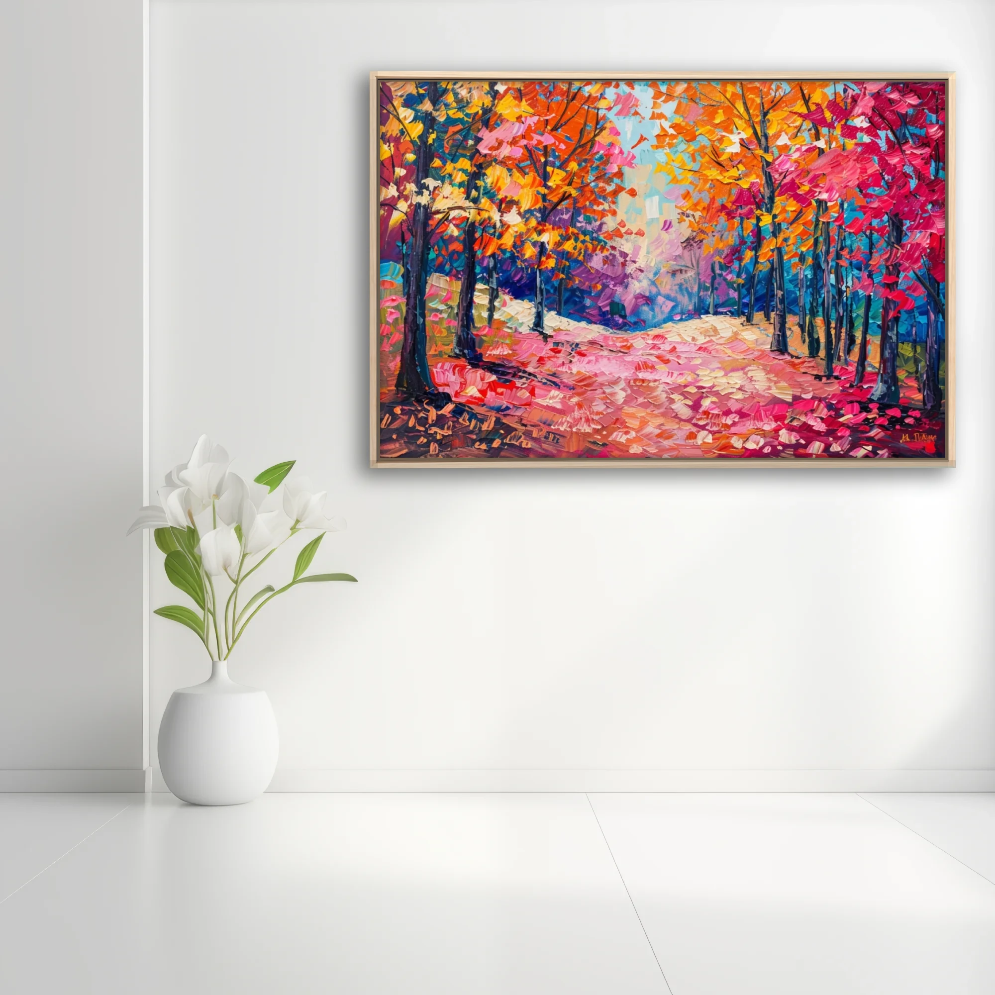 Vibrant autumn forest path in pink, orange and gold with thick strokes
