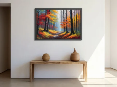 Vibrant autumn forest path in red, gold and amber with misty light, painterly landscape