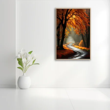 Misty autumn forest path with golden-orange foliage and winding wet road