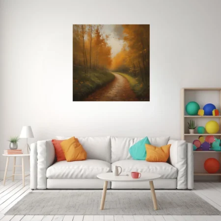Autumn forest path in amber and ochre, landscape with misty golden trees and soft light.