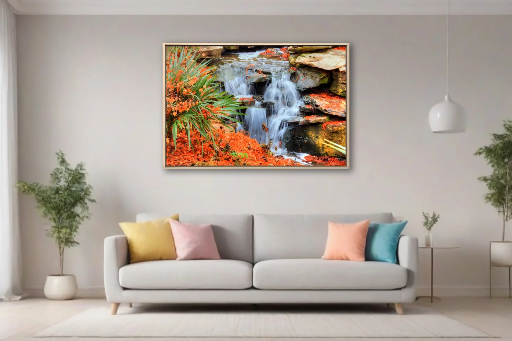 Cascading waterfall over mossy rocks with vivid orange foliage and green palms
