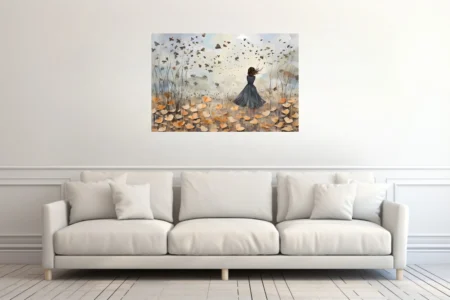 Contemporary painterly scene of a figure in a windswept field with drifting petals and birds in muted ochre tones