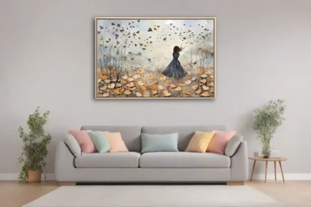Contemporary painterly scene of a figure in a windswept field with drifting petals and birds in muted ochre tones