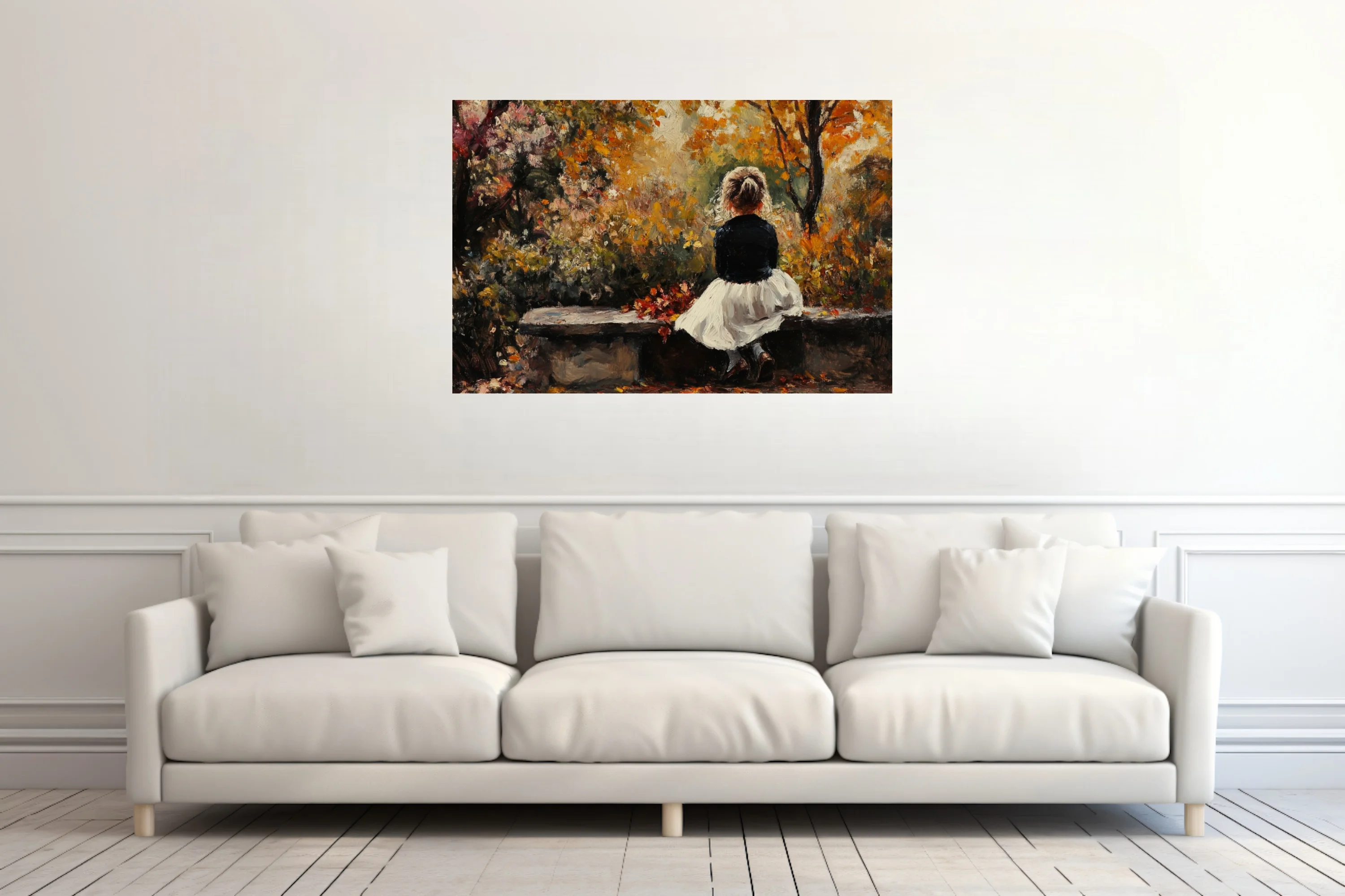 Soft painterly autumn park scene with seated figure in amber, ochre and ivory tones