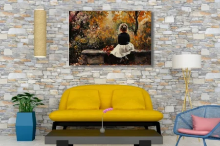 Soft painterly autumn park scene with seated figure in amber, ochre and ivory tones