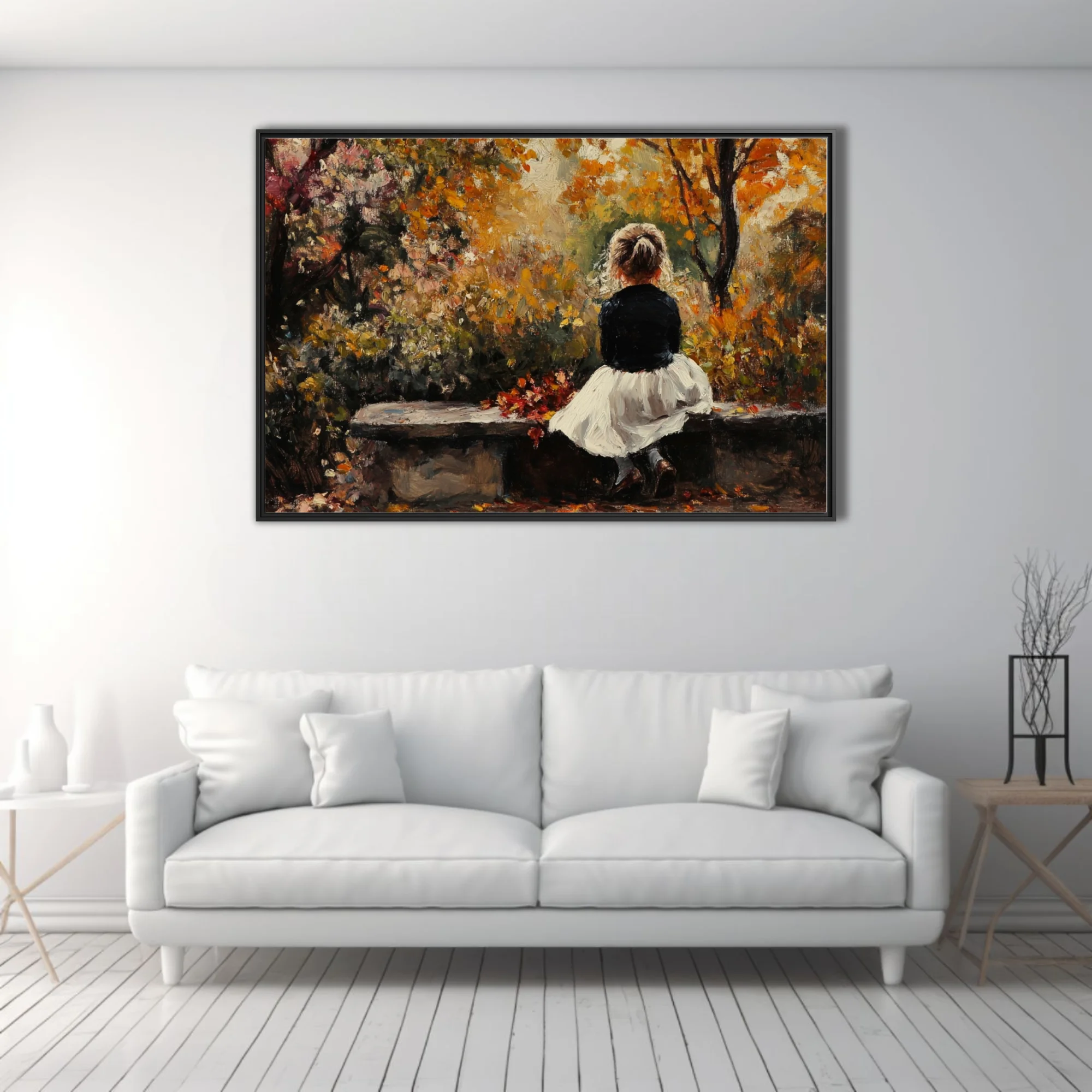 Soft painterly autumn park scene with seated figure in amber, ochre and ivory tones