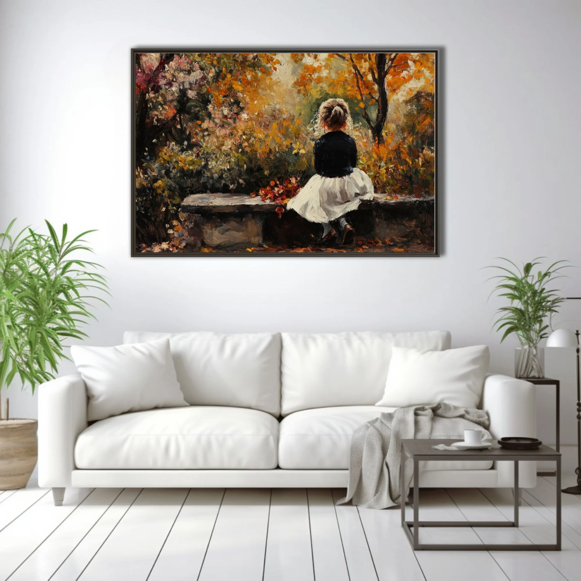 Soft painterly autumn park scene with seated figure in amber, ochre and ivory tones