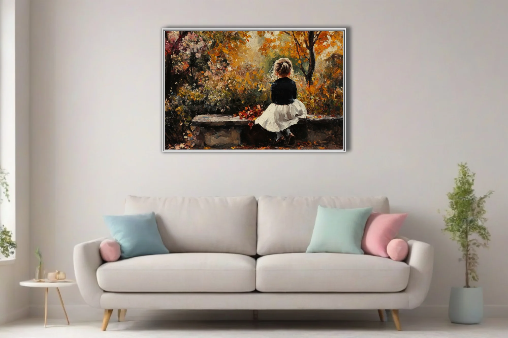 Soft painterly autumn park scene with seated figure in amber, ochre and ivory tones