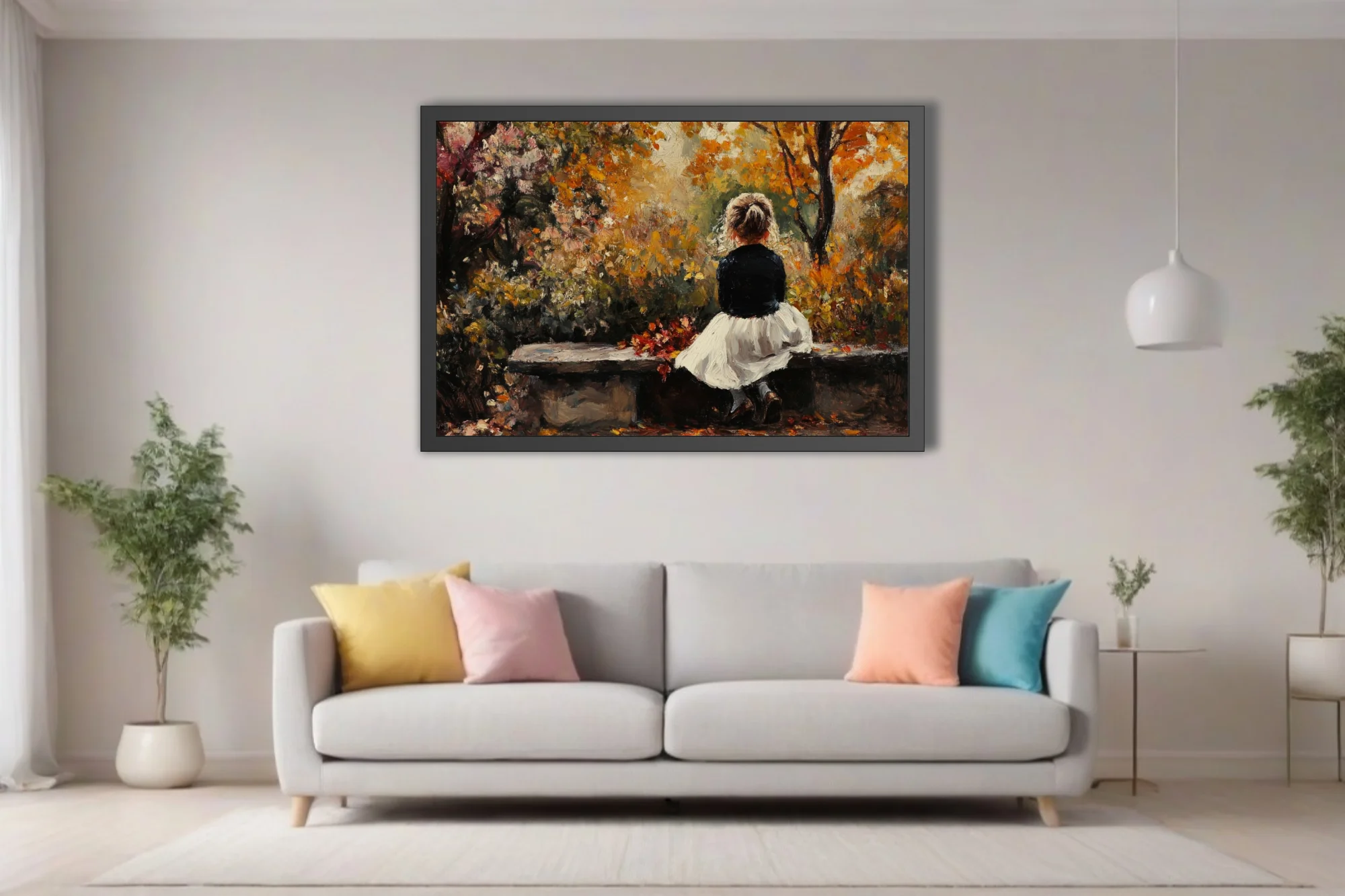 Soft painterly autumn park scene with seated figure in amber, ochre and ivory tones
