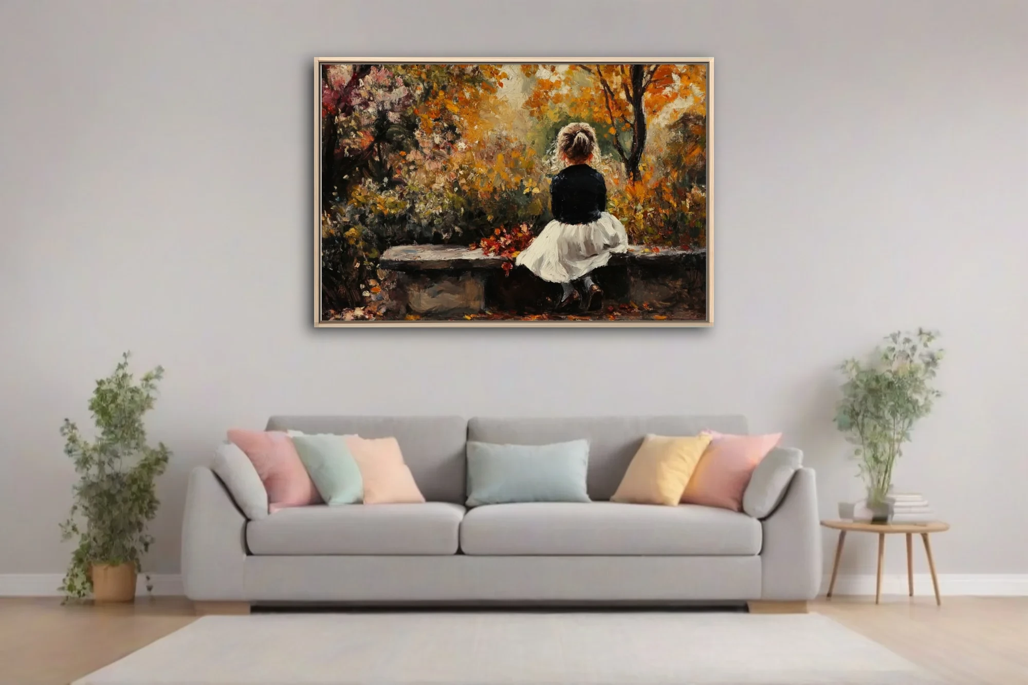 Soft painterly autumn park scene with seated figure in amber, ochre and ivory tones