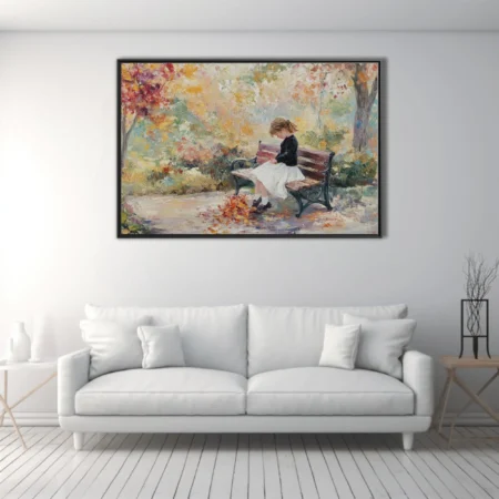 Soft painterly autumn park scene with a young child on a bench among fallen leaves in warm ochre and crimson tones