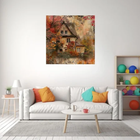 Collage-style autumn cottage with crimson and amber foliage, grunge texture