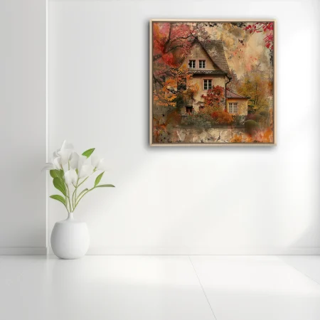 Collage-style autumn cottage with crimson and amber foliage, grunge texture