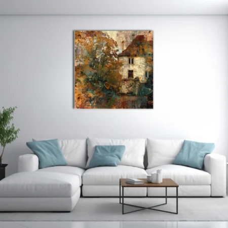Mixed-media collage autumn house warm amber teal rust distressed textures