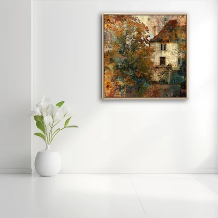 Mixed-media collage autumn house warm amber teal rust distressed textures