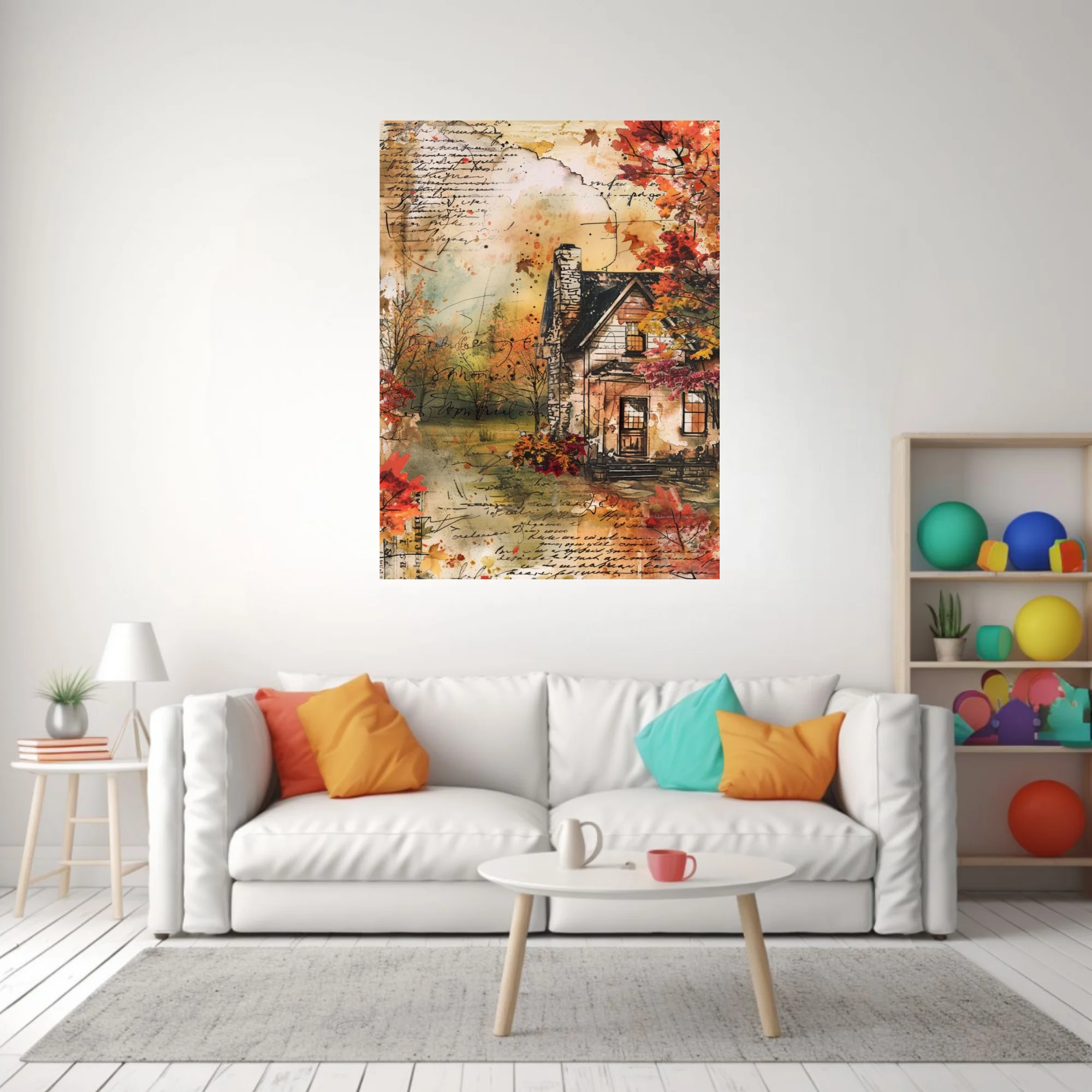 Watercolor-style autumn cottage collage with script overlays, warm amber and crimson tones