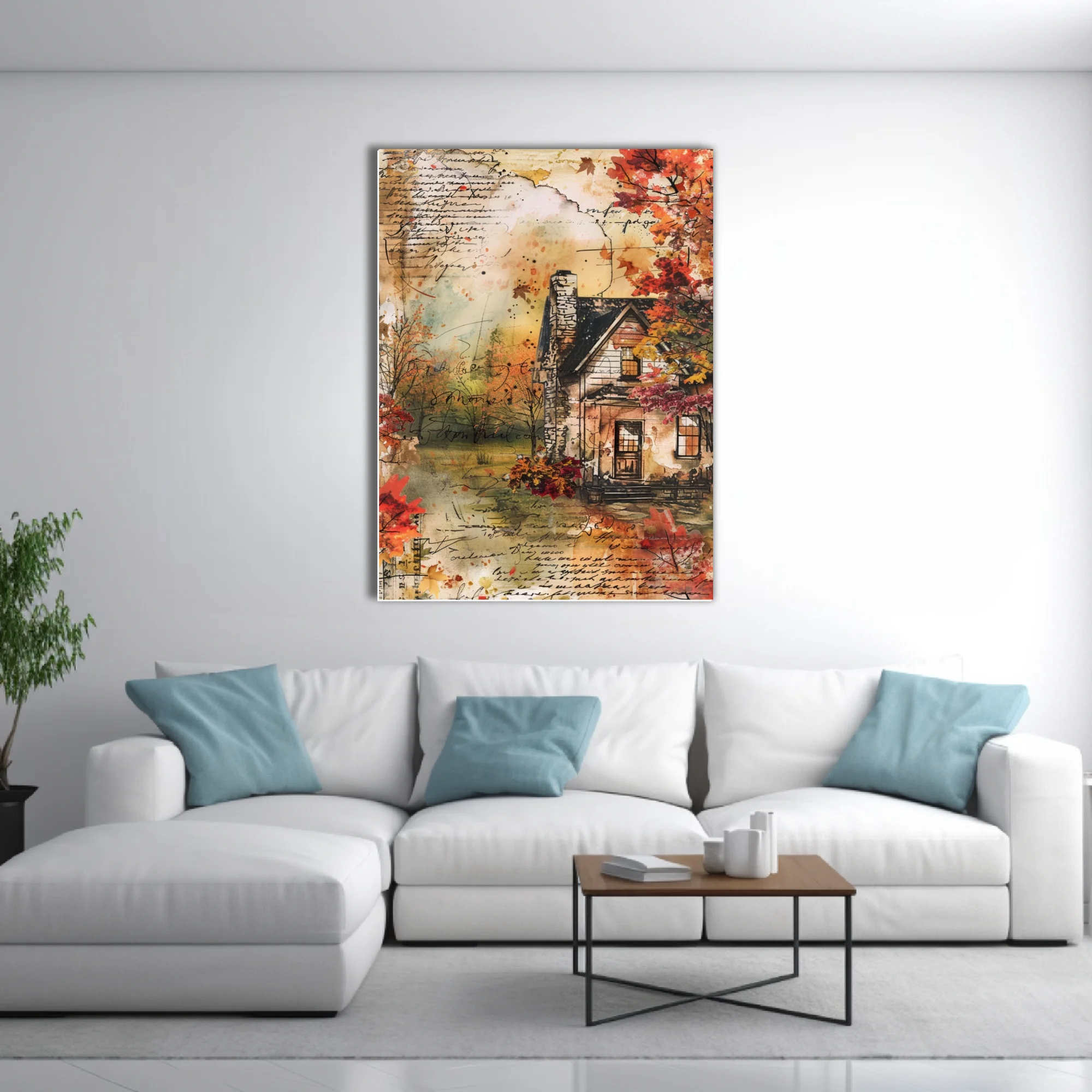 Watercolor-style autumn cottage collage with script overlays, warm amber and crimson tones