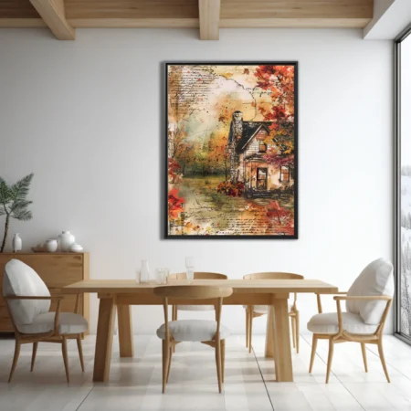 Watercolor-style autumn cottage collage with script overlays, warm amber and crimson tones
