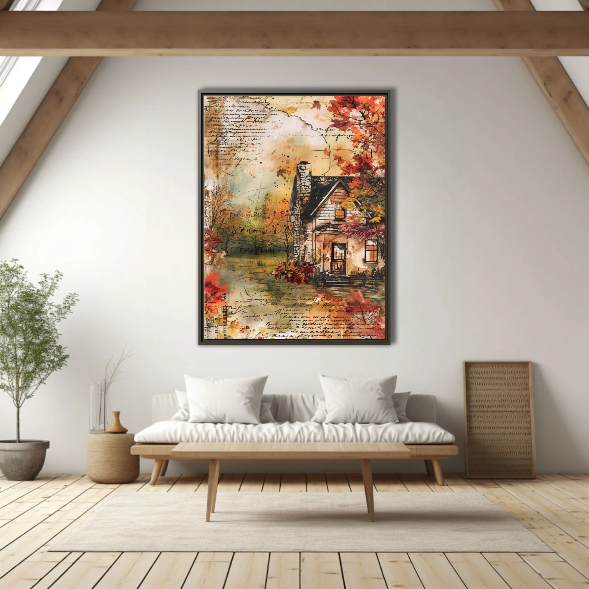 Watercolor-style autumn cottage collage with script overlays, warm amber and crimson tones