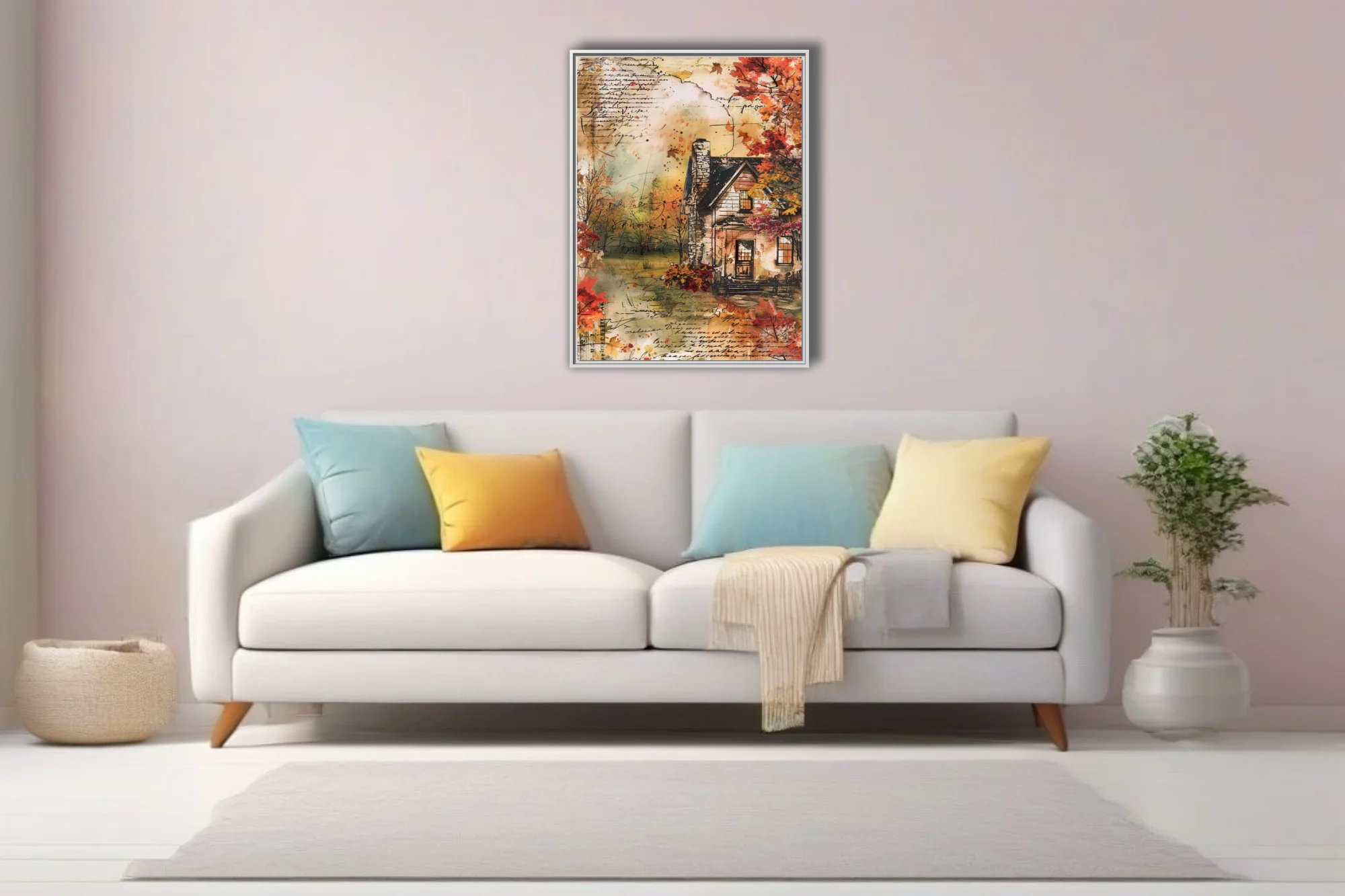 Watercolor-style autumn cottage collage with script overlays, warm amber and crimson tones