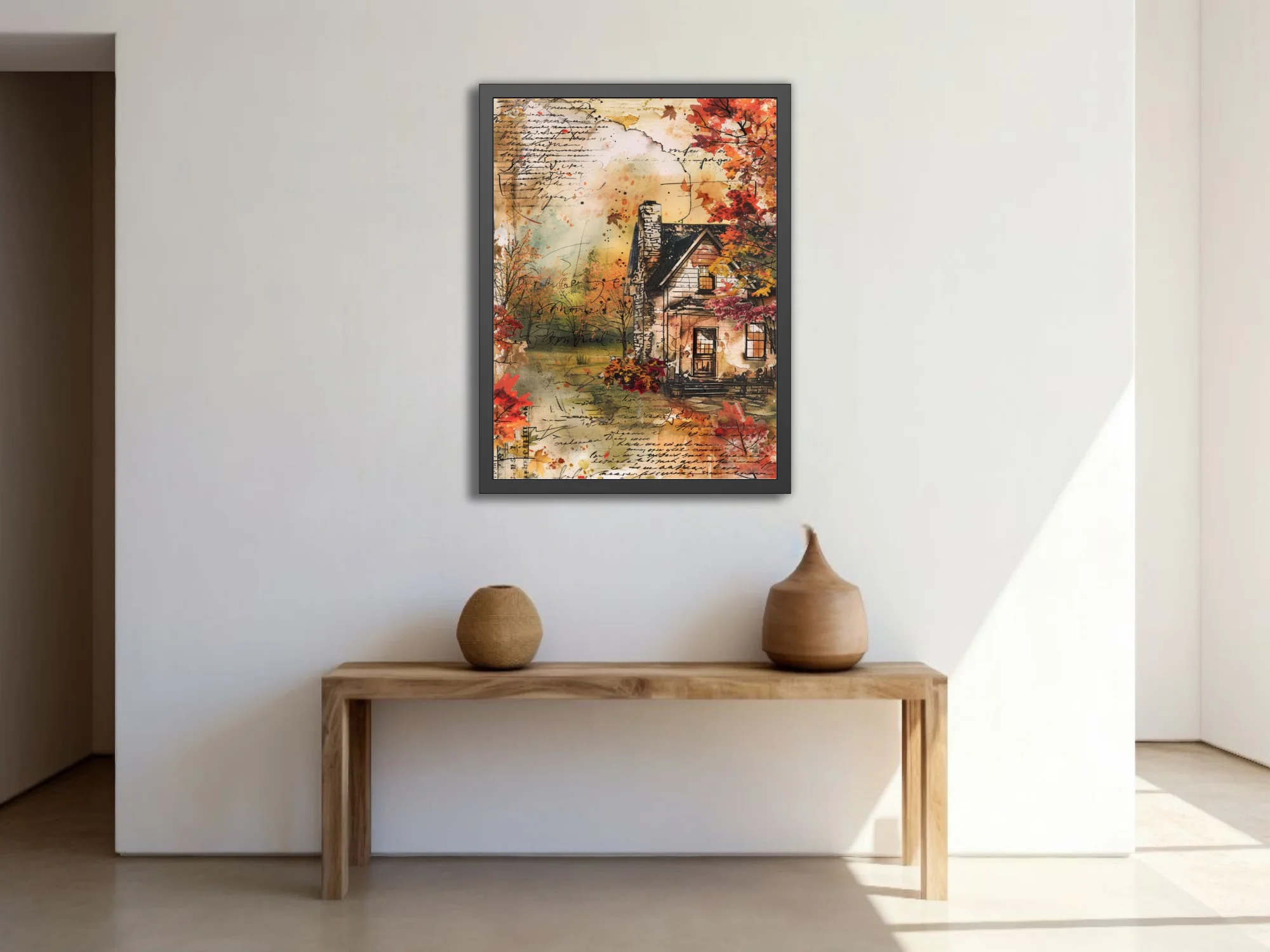 Watercolor-style autumn cottage collage with script overlays, warm amber and crimson tones