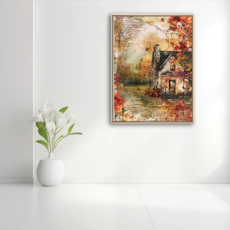 Watercolor-style autumn cottage collage with script overlays, warm amber and crimson tones