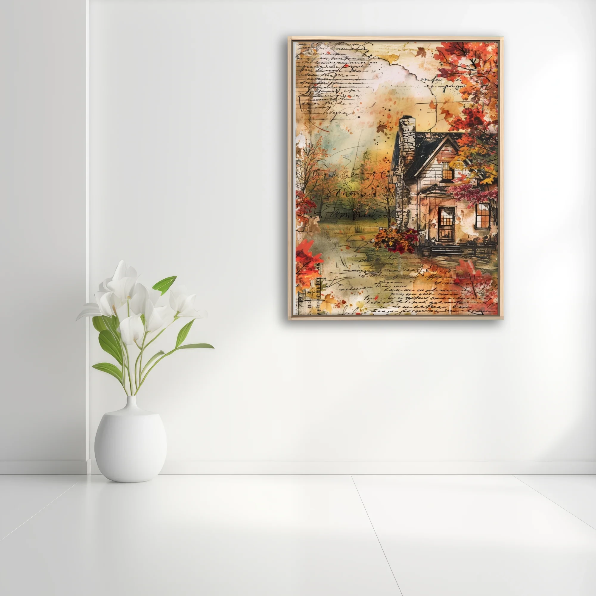 Watercolor-style autumn cottage collage with script overlays, warm amber and crimson tones