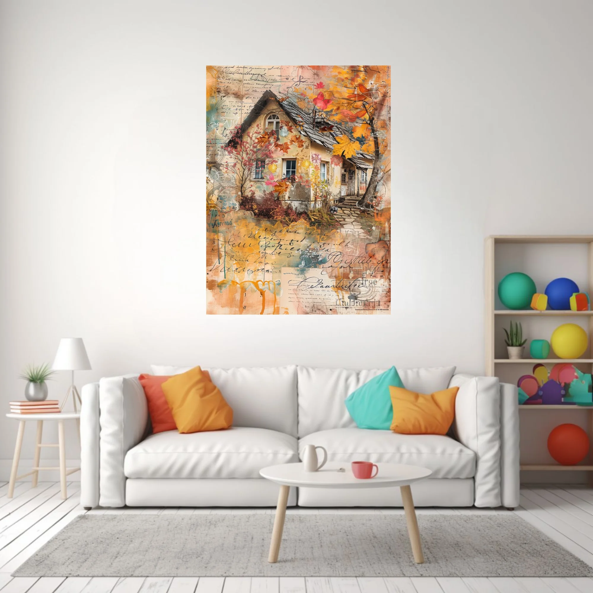 Mixed-media autumn cottage collage, warm amber tones, vintage script overlay