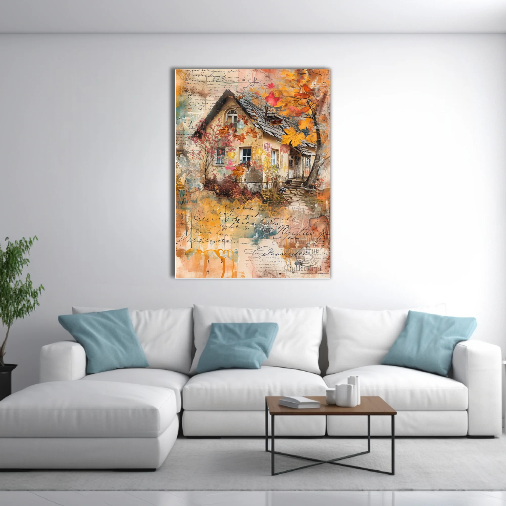 Mixed-media autumn cottage collage, warm amber tones, vintage script overlay