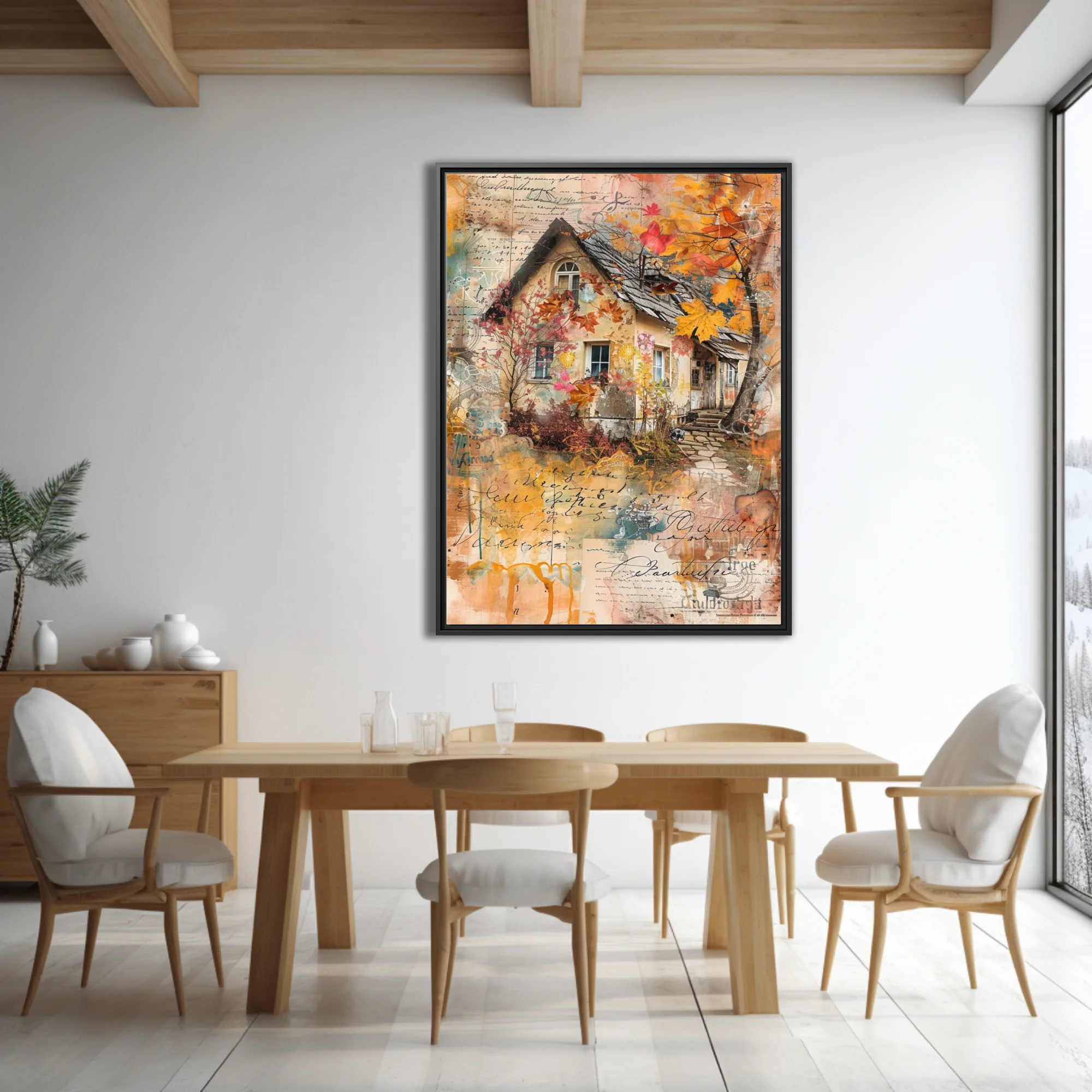 Mixed-media autumn cottage collage, warm amber tones, vintage script overlay