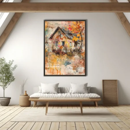 Mixed-media autumn cottage collage, warm amber tones, vintage script overlay