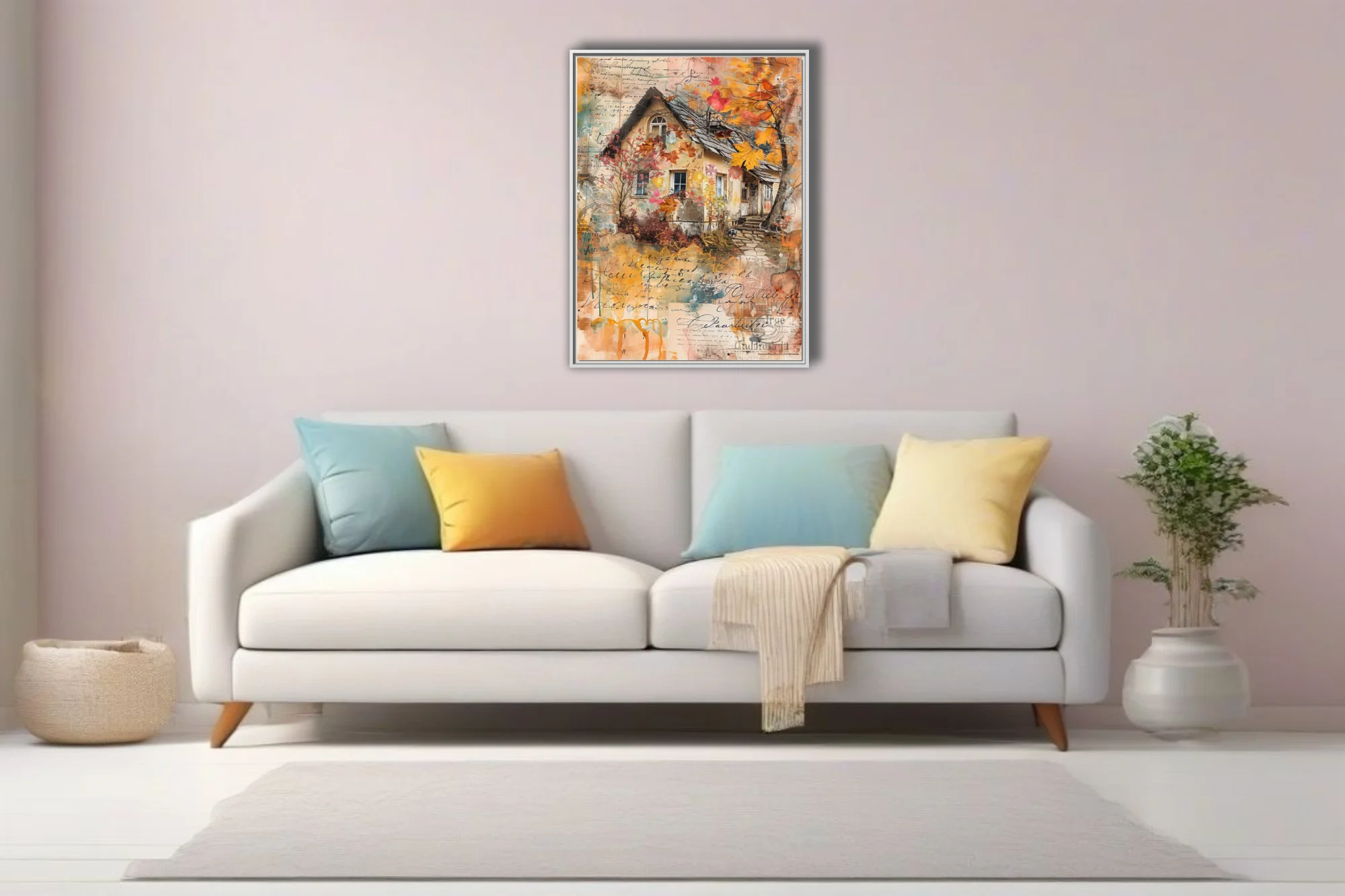 Mixed-media autumn cottage collage, warm amber tones, vintage script overlay