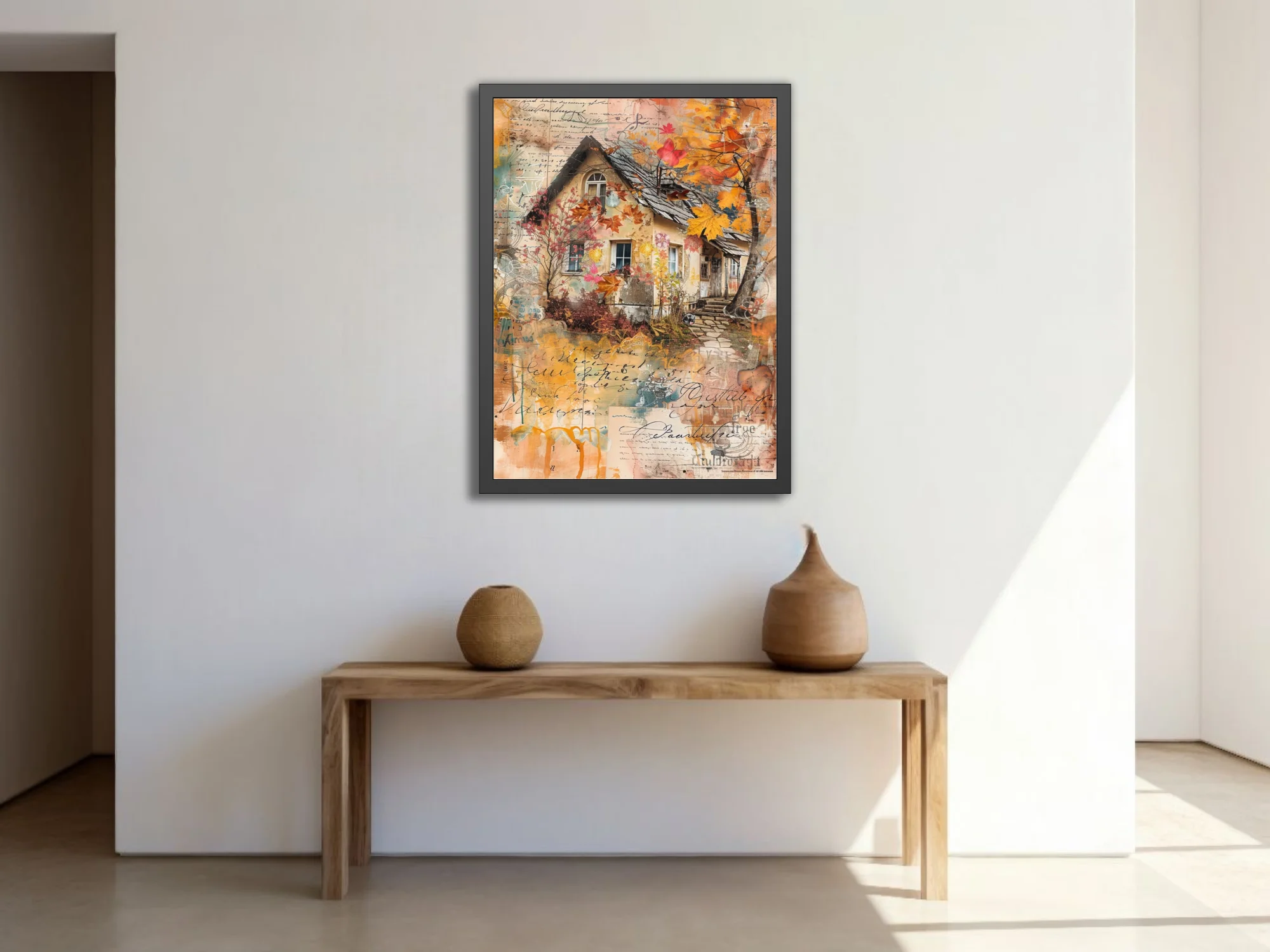 Mixed-media autumn cottage collage, warm amber tones, vintage script overlay