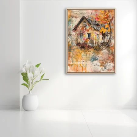 Mixed-media autumn cottage collage, warm amber tones, vintage script overlay
