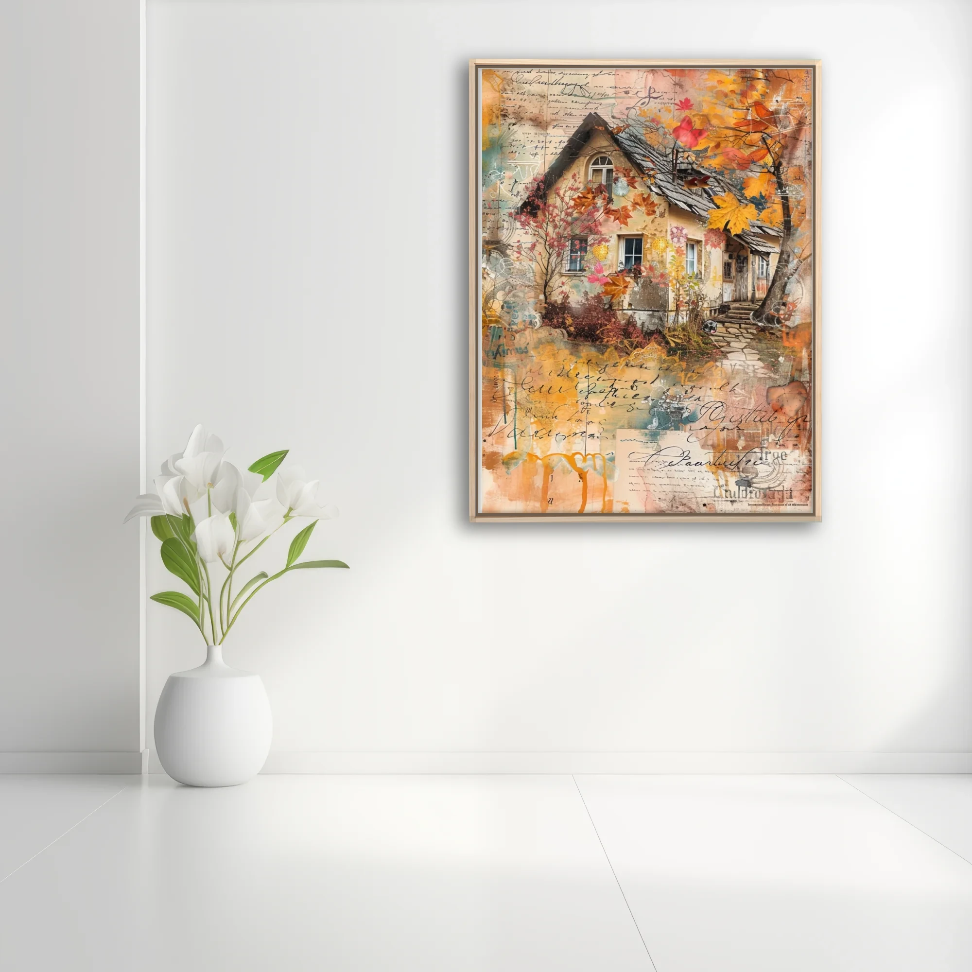 Mixed-media autumn cottage collage, warm amber tones, vintage script overlay